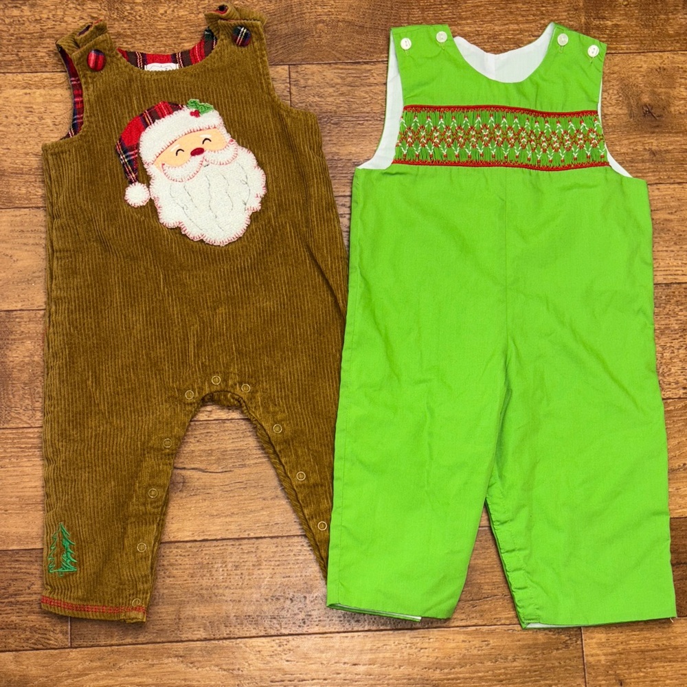 Mudpie Le Za Me Boys Holiday Christmas Santa Smocked Jon Jon Long Rompers 9-12mo